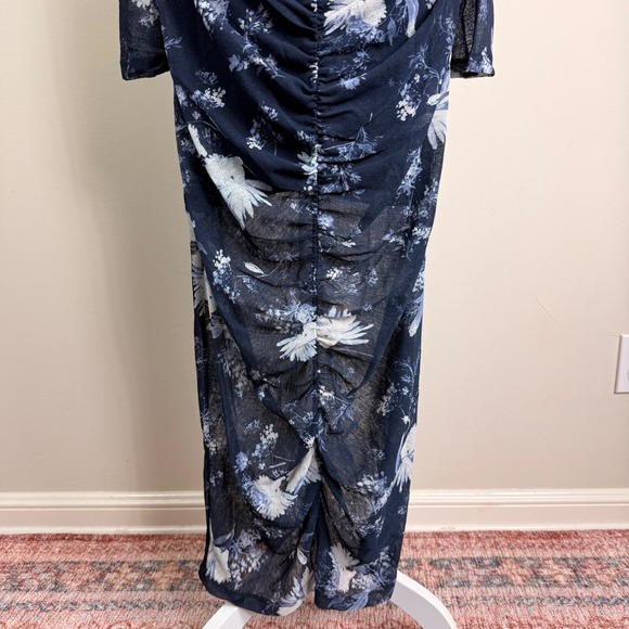 Abercrombie & Fitch Navy Blue Floral Ruched Mesh Maxi Dress Large Stretch NWT - Picture 5 of 10